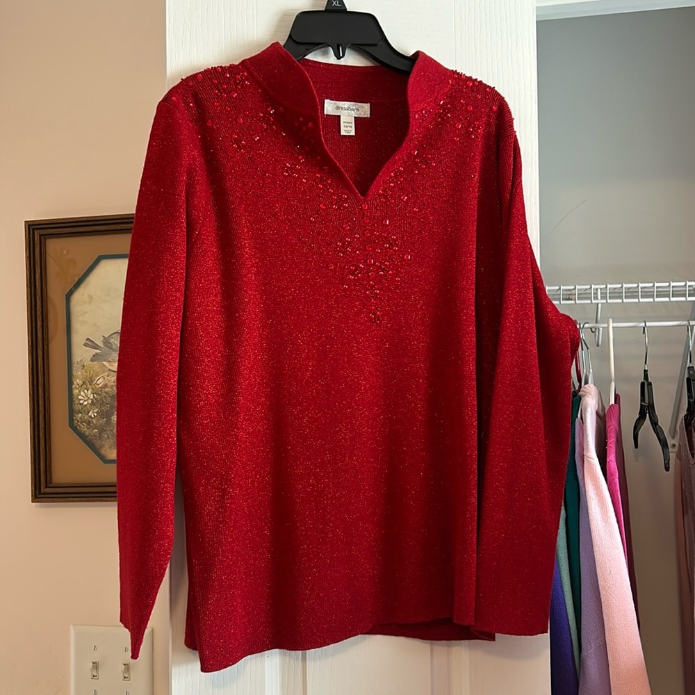 Fancy red beaded, sequin dress, barn sweater 14/16